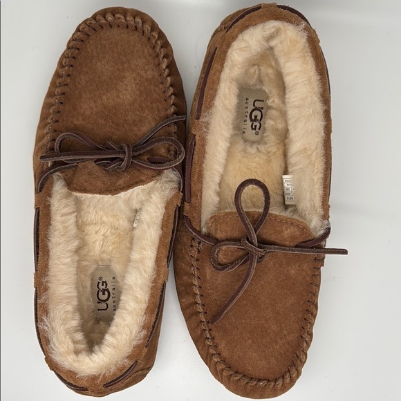 UGG Australia Dakota Chesnut Brown Suede Moccasin Wool Fur Slippers Size 9 - Picture 10 of 16